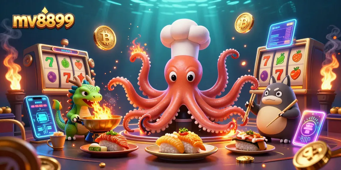 Engage in thrilling casino action with mv8899's vibrant characters, including a sushi chef octopus and lucky dragon.