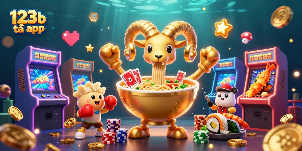 Engage with 123b tải app in a vibrant 3D casino scene featuring a golden ramen bowl dealer
