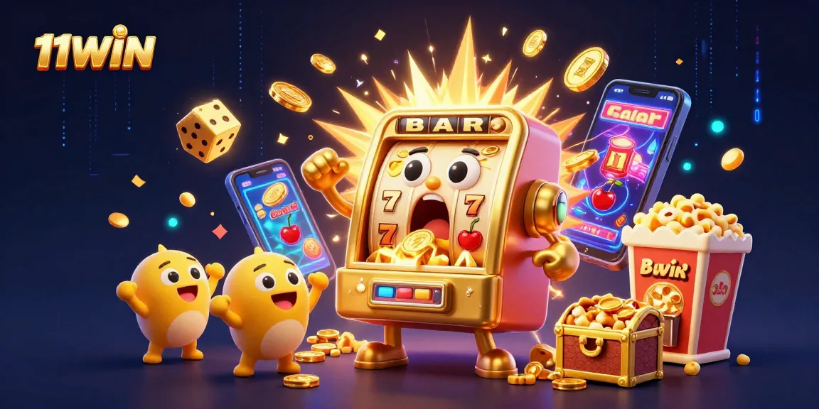 Win big with 11WIN in this lively slot machine jackpot scene brimming with excitement.