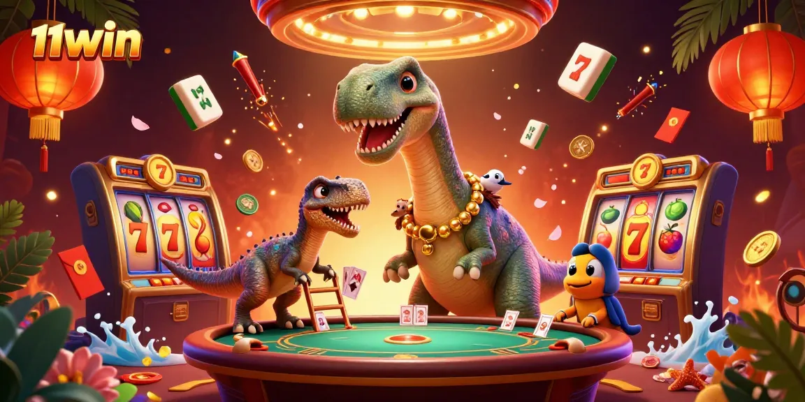Experience the vibrant excitement of 11WIN with a playful brontosaurus tableau in an intense casino scene.