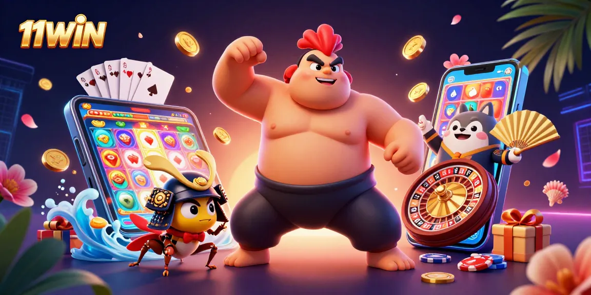 Engage with the vibrant world of 11WIN as a fierce sumo rooster in action among casino treasures.